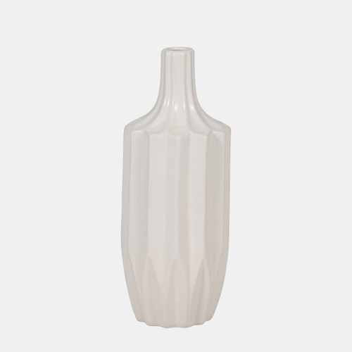 18630-01#Cer, 13" Fluted Vase, White