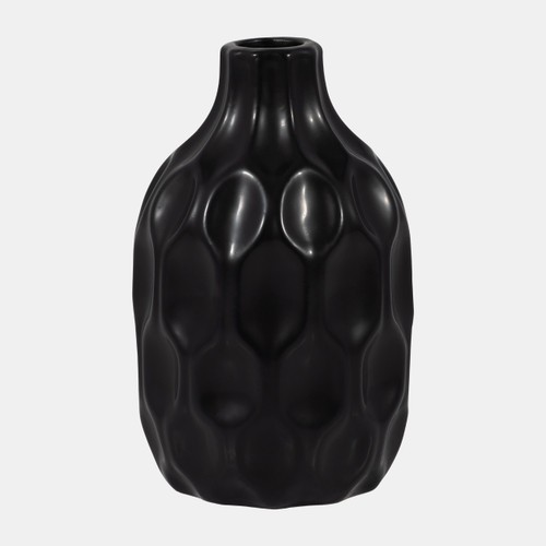 18655-03#Cer, 8" Honeycomb Dimpled Vase, Black