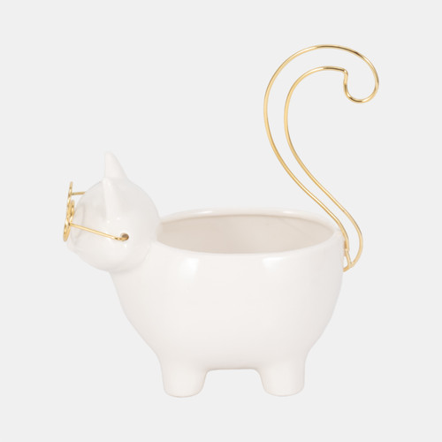 18633-02#Cer, 8" Kitty Trinket Dish, White/gold