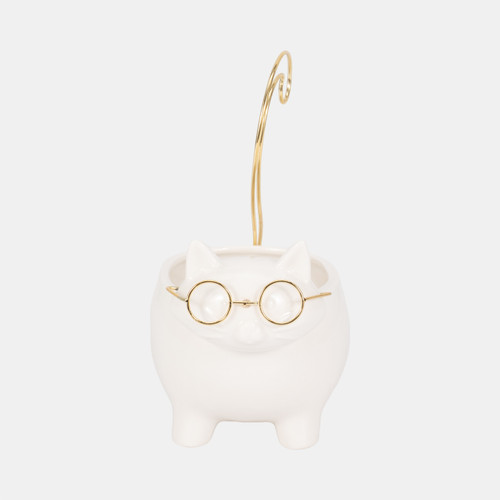 18633-02#Cer, 8" Kitty Trinket Dish, White/gold