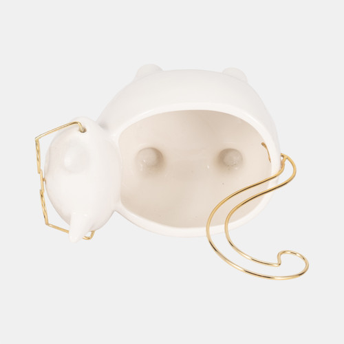 18633-02#Cer, 8" Kitty Trinket Dish, White/gold