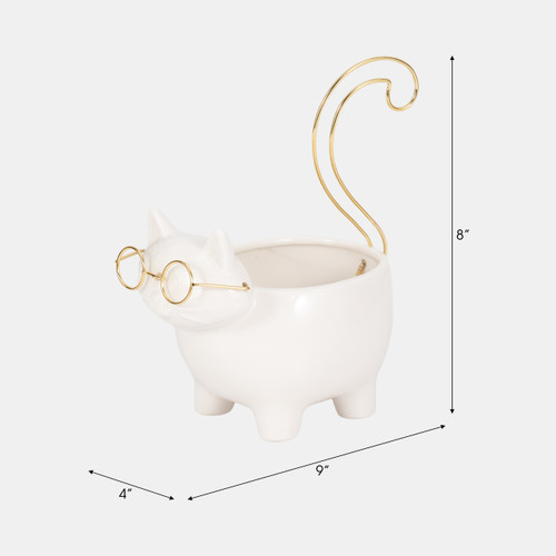 18633-02#Cer, 8" Kitty Trinket Dish, White/gold