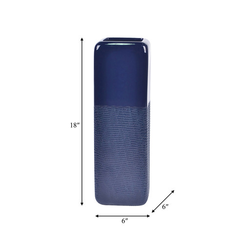 17867-18#Cer, 18" Squared Grooved Vase, Navy Blue
