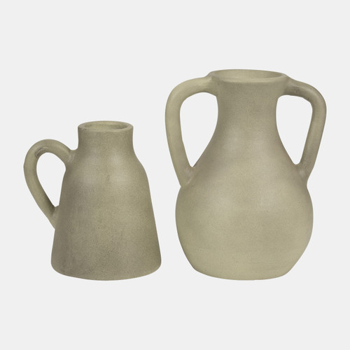 18702-02#Terracotta, 11" Jug Vase W/ Handles, Sage Green