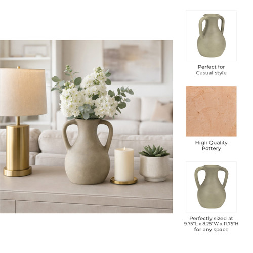 18702-02#11" Terracotta Jug Vase W/ Handles, Sage Green