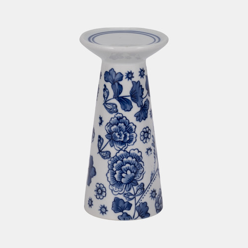 17863-05#Porc, 8" Chinoiserie Floral Candle Holder, Blue/wh