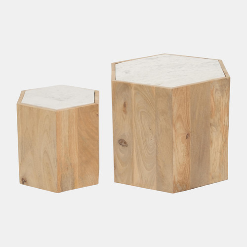 18719#Wood/marble, S/2 14/20" Hexagonal Side Tables, Nat