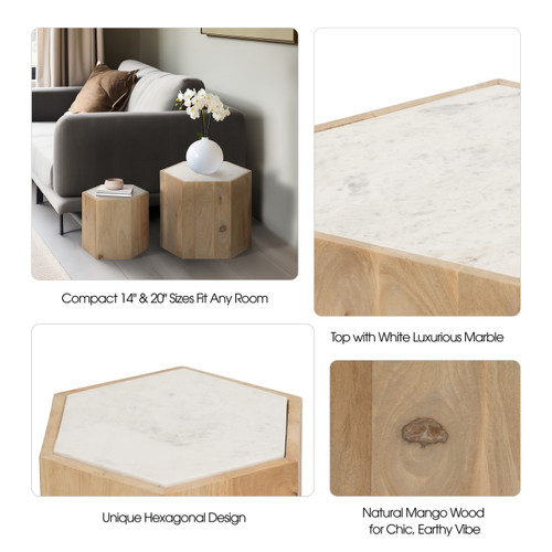 18719#Wood/marble, S/2 14/20" Hexagonal Side Tables, Nat