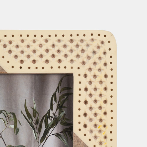 18691-02#Resin, 5x7 Wood & Woven Photo Frame, Ivory/natural