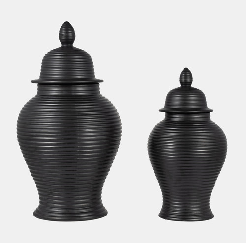 18729-01#Cer, 24" Ribbed Temple Jar, Black