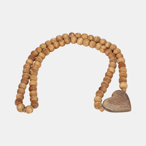 18733#Wood, 26" Beaded Garland With Heart, Natural