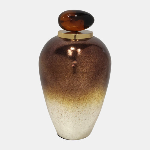 18752-01#Glass, 17" Temple Vase W/ Resin Topper, Copper