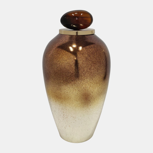 18752-02#Glass, 20" Temple Vase W/ Resin Topper, Copper