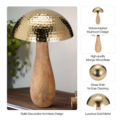 18824-02#Metal, 20" Mushroom W/ Wood Base, Gold