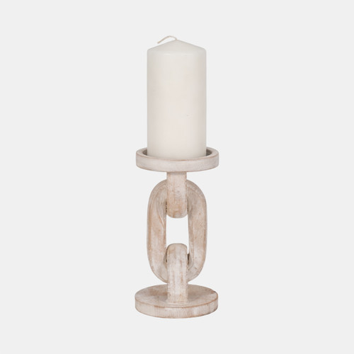 18851-01#Wood, 8" Chain Pillar Candle Holder, White
