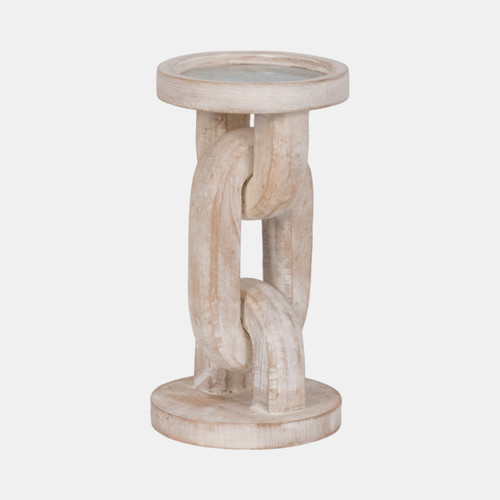 18851-01#Wood, 8" Chain Pillar Candle Holder, White