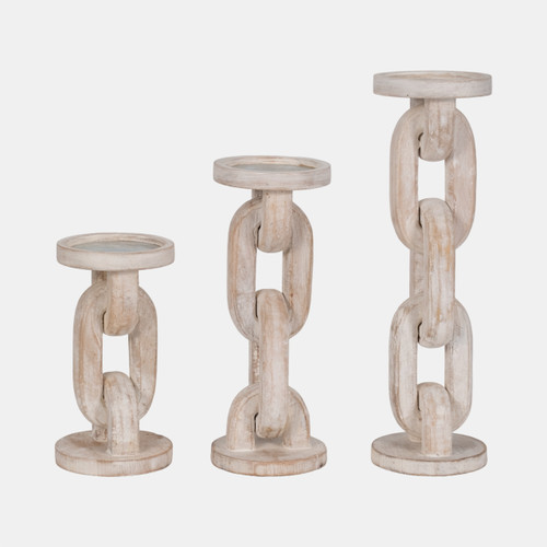 18851-01#Wood, 8" Chain Pillar Candle Holder, White