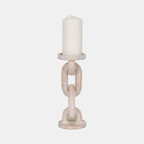 18851-02#Wood, 11" Chain Pillar Candle Holder, White