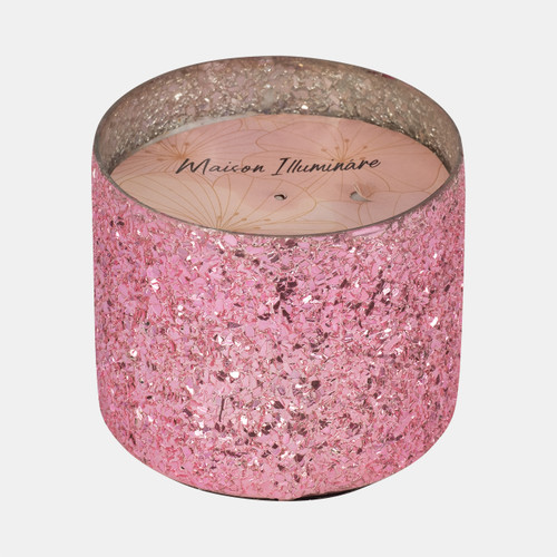 80286-01#Glass, 5" 26 Oz Crackled Scented Candle, Pink