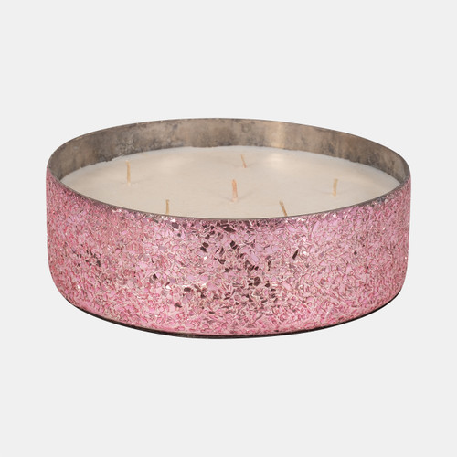 80287-01#Glass, 8" 49 Oz Crackled Bowl Scented Candle, Pink
