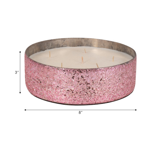 80287-01#Glass, 8" 49 Oz Crackled Bowl Scented Candle, Pink