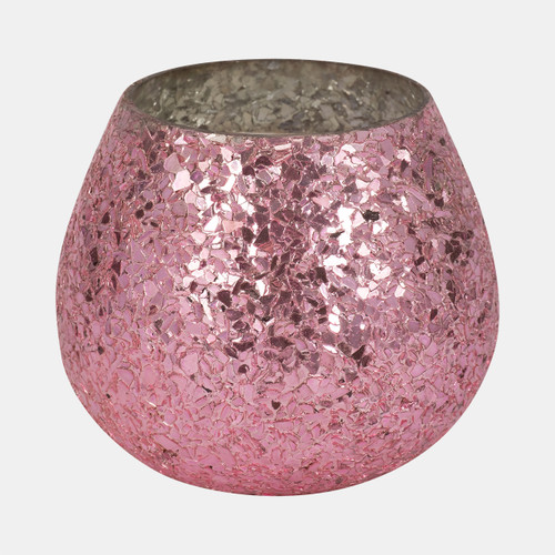 80289-01#Glass, 5" 17 Oz Crackled Scented Candle, Pink