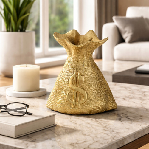 18909#Metal, 8" Money Bag, Gold