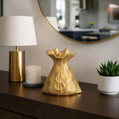 18909#Metal, 8" Money Bag, Gold