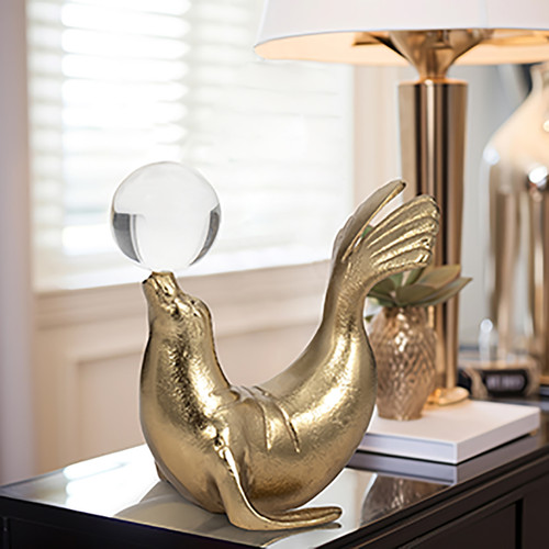 18916#Metal, 7" Sea Lion W/ Acrylic Ball, Gold