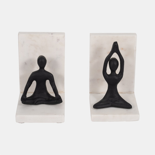18935#Metal, S/2 6" Yoga Ladies Bookends On Marble, Blk/