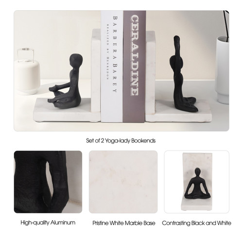 18935#Metal, S/2 6" Yoga Ladies Bookends On Marble, Blk/