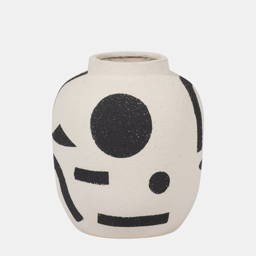 18954#Cer, 6" Funky Bulbous Vase, Ivory/black
