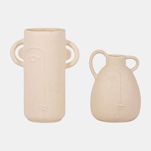 18957#Cer, 8" Face Vase W/ Handles, Ivory
