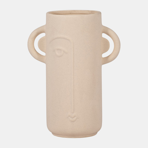 18958#Cer, 10" Face Vase W/ Handles, Ivory