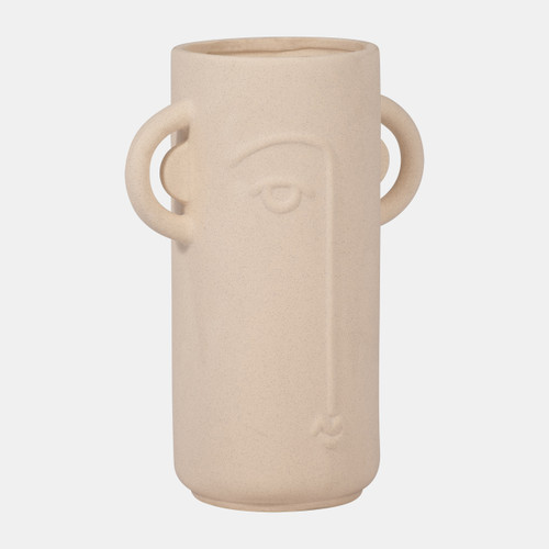 18958#Cer, 10" Face Vase W/ Handles, Ivory