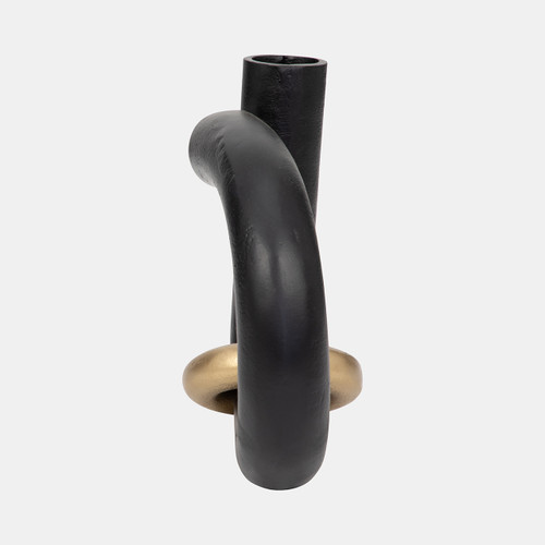 18963#Metal, 9" Loop Vase W/ Gold Ring, Black/gold