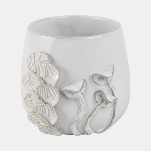 18996#Cer, 6" Mushroom Applique Planter, Ivory