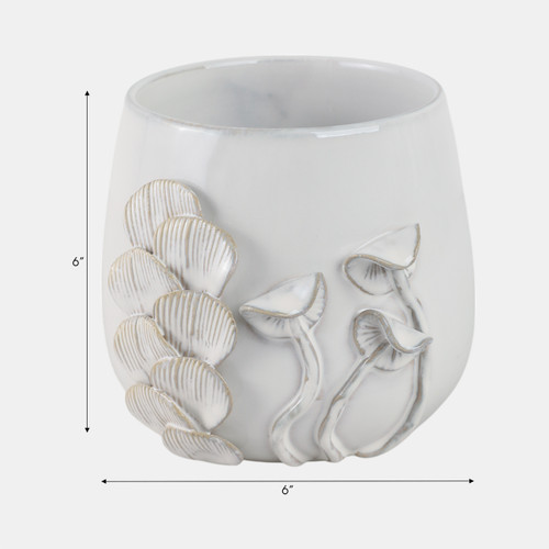 18996#Cer, 6" Mushroom Applique Planter, Ivory
