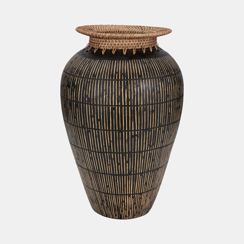 18984#Terracotta, 19" Lines Vase W/ Woven Top, Multi