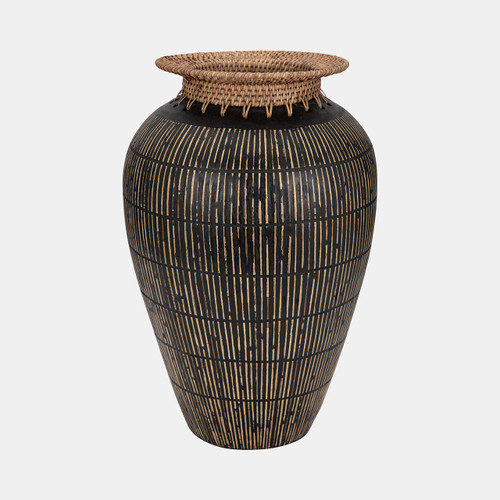 18984#Terracotta, 19" Lines Vase W/ Woven Top, Multi