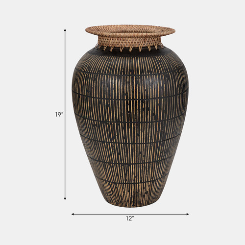 18984#Terracotta, 19" Lines Vase W/ Woven Top, Multi