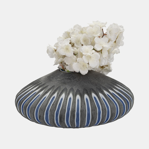 18988#Glass, 7" Ridged Vase, Blue/gray