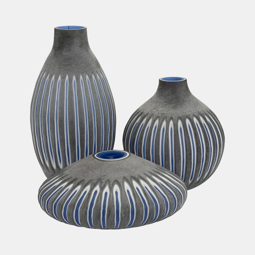 18988#Glass, 7" Ridged Vase, Blue/gray