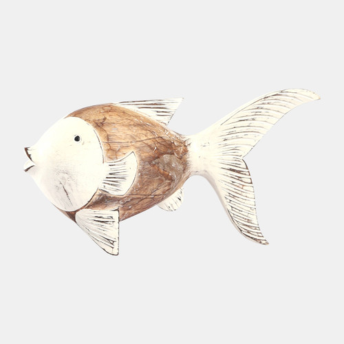 19003#Wood, 11" Flounder Fish, Natural/white