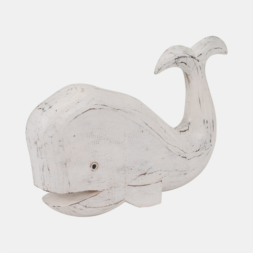 19004#Wood, 15" Tail Up Whale, White