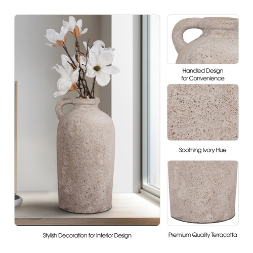 19011#Terracotta, 16" Bottle Vase W/ Handle, Ivory