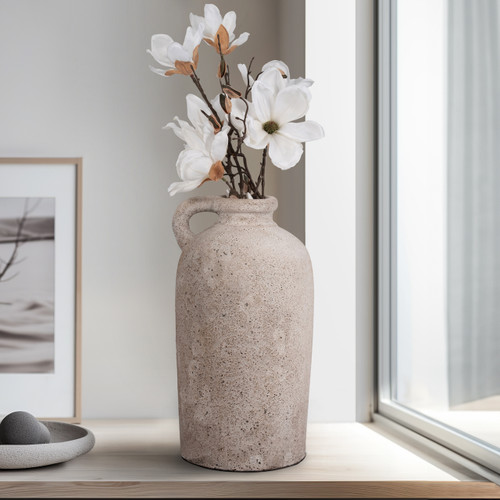 19011#Terracotta, 16" Bottle Vase W/ Handle, Ivory