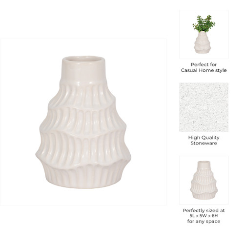 19077-02#Cer, 6" Wavy Vase, White