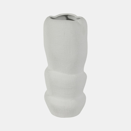 19102-02#Cer, 12" Waffle Texture Organic Vase, White