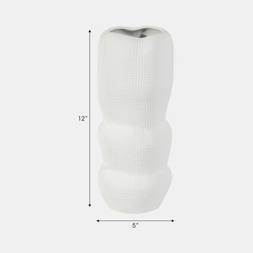 19102-02#Cer, 12" Waffle Texture Organic Vase, White